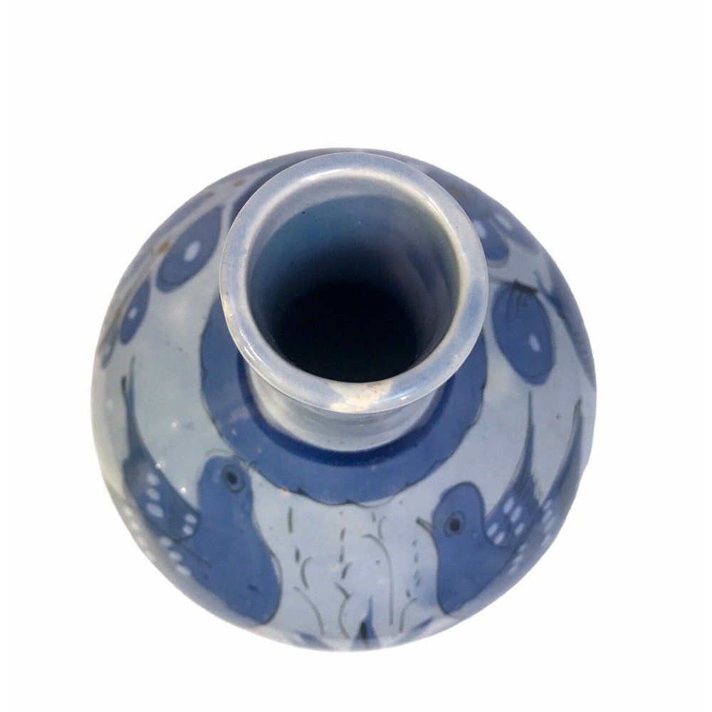 Vintage Tonala Mexican Pottery Vase Blue Birds Butterflies Floral 8.5" Signed VG - Picture 10 of 13